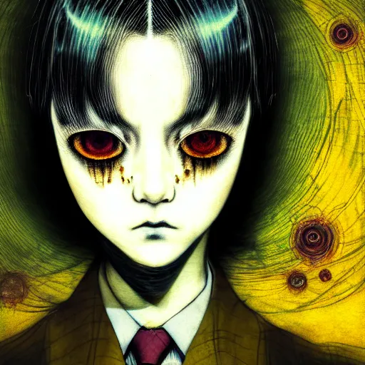 Image similar to yoshitaka amano blurred and dreamy realistic three quarter angle horror portrait of a sinister young woman with short hair and yellow eyes wearing office suit with tie, junji ito abstract patterns in the background, satoshi kon anime, noisy film grain effect, highly detailed, renaissance oil painting, weird portrait angle, blurred lost edges