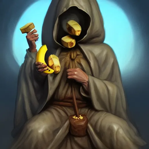 Image similar to a hooded cultist is stabbing a banana placed on an altar, in front of a stone statue of a forgotten god, by patrick mcenvoy and michael komarck and fantasy flight, incredible quality, trending on artstation