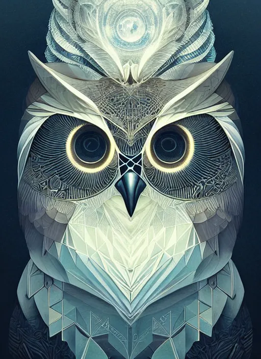 Image similar to portrait of a geometric owl, identical eyes, medium shot, illustration, full body made of white feathers, symmetrical, art stand, super detailed, cinematic lighting, and its detailed and intricate, gorgeous, by peter mohrbacher