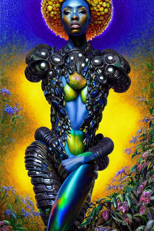 Image similar to hyperrealistic maximalist super expressive! black woman with exoskeleton armor, merging with tree in a forest, highly detailed digital painting masterpiece smooth cam de leon hannah yata dramatic pearlescent blue yellow light ground angle hd 8k sharp focus