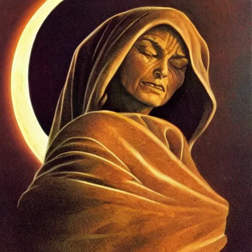 Image similar to sleep of wise old beautiful woman face Desert Spirit, under unresolved evil moon illusion, in the style of Frank Frazetta, Jeff Easley, Caravaggio, extremely clear and coherent, clear lines, 8K resolution, epic masterpiece, detailed, intricate