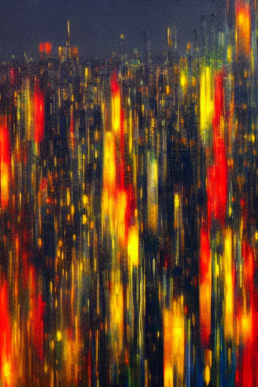 Image similar to an abstract picture of a city at night, an ultrafine detailed painting by gerhard richter, shutterstock contest winner, american scene painting, sharp focus, cityscape, oil on canvas, nightscape, 8 k