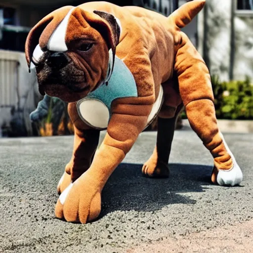 Image similar to pitbull boxer mix with brindle coat and white paws and white chest playing with a dinosaur plushie. photo. realistic. hyper realistic. outside photography. sunny day.