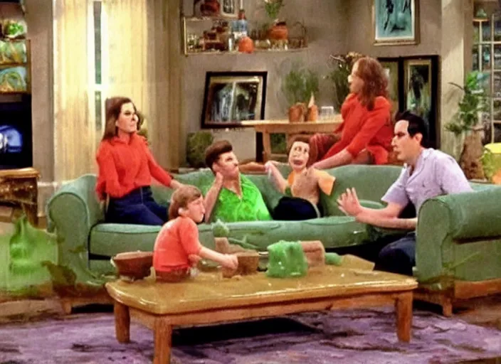 Prompt: the episode of seinfeld where the living room is filled with nickelodeon slime hd