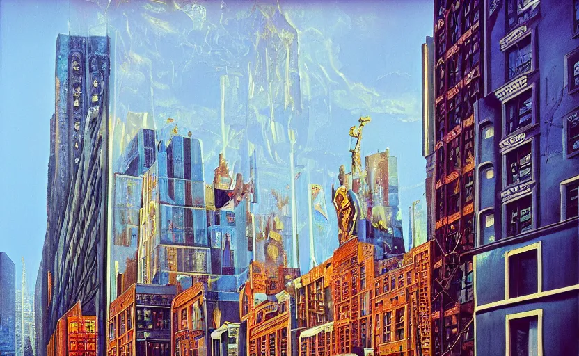 Prompt: new york city, disturbing colorful oil painting dutch golden age architecture sparse composition with strange gooey transparent surfaces shiny metal reflections bizarre sun rachel ruysch dali todd schorr very detailed perfect composition rule of thirds masterpiece canon 5 0 mm, cinematic lighting, photography, retro, film, kodachrome