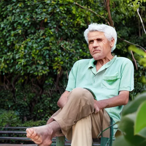 Image similar to mid white hair old man tanned skin with green shirt and white short, sitting in ile de re house garden