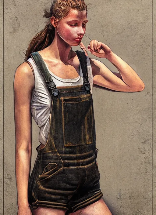 Image similar to digital _ painting _ of _ girl in tank top and overalls _ by _ filipe _ pagliuso _ and _ justin _ gerard _ symmetric _ fantasy _ highly _ detailed _ realistic _ intricate _ port