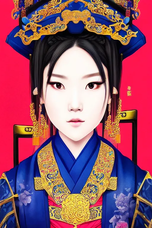 Prompt: a lovely and shiny young empress of qing dynasty, face by artgerm, ross tran, fuji choko, loish, 8 k resolution, attractive, symmetrical portrait, beautifully detailed landscape of ruin, trending on pixiv and pinterest, charming black eyes, luxury, perfect face, smooth, dreamlike