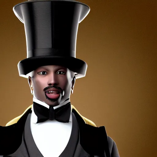 Image similar to a highly detailed portrait of a man in a high top hat covering his face, in a black tailcoat with a yellow waistcoat under the tailcoat, artstation, deviantart, professional, octane render, unreal engine 5