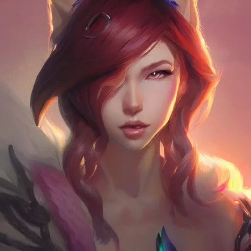 Prompt: Ahri, League of legends, fantasy, portrait, highly detailed, digital painting, trending on artstation, concept art, sharp focus, illustration, art by artgerm and greg rutkowski and magali villeneuve