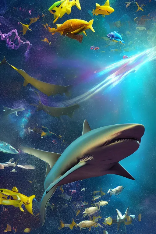 Image similar to Cosmic Shark for maintenance by an unprofessional cyber mackerel, colourful explosion behind. 4K 64 megapixels 8K resolution DSLR filmic HDR Kodak Ektar wide-angle lens 3D shading Behance HD CGSociety Cinema 4D IMAX shadow depth rendered in Blender Unreal Engine hyperrealism photoillustration, lots of reflective surfaces, subsurface scattering