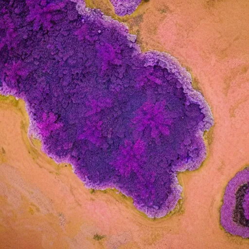 Prompt: landscape covered in purple mold, arial view