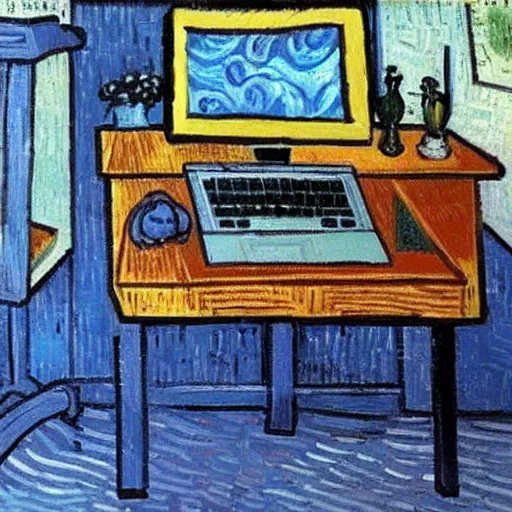 Prompt: desk with laptop and monitor in the style of van gogh