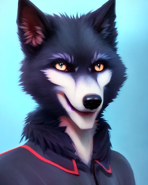 Image similar to character concept art of a black anthropomorphic furry wolf red hair blue eyes | | cute - fine - face, pretty face, key visual, realistic shaded perfect face, fine details by stanley artgerm lau, wlop, rossdraws, james jean, andrei riabovitchev, marc simonetti, and sakimichan, artstation