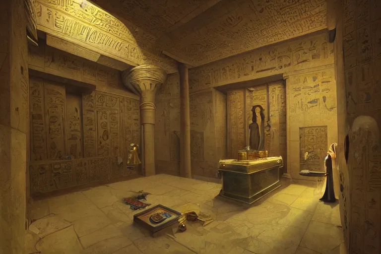 Image similar to egyptian tomb interior shiney gold and obsidian, beautiful painting, david roberts, greg rutkowski, james gurney, artstation.