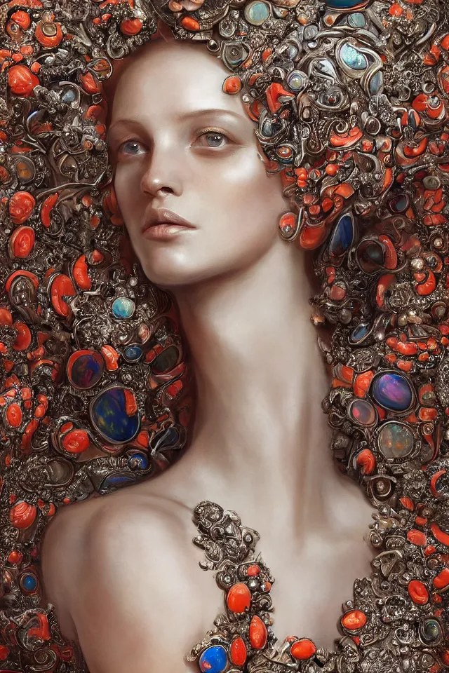 Image similar to a sculpture made of opal and coral, portrait, queen, future, harper's bazaar, vogue, magazine, insanely detailed and intricate, concept art, ornate, luxury, elite, elegant, trending on artstation, by Ruan Jia, Kenneth Willardt, Ross Tran, WLOP, Andrei Riabovitchev.