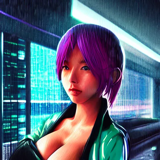 Prompt: anime woman portrait made out of rain, beautiful, stylish suit, cyberpunk background, neon, rendered in octane, unreal engine, matte painting, sharp focus, trending on artstation, futuristic, space