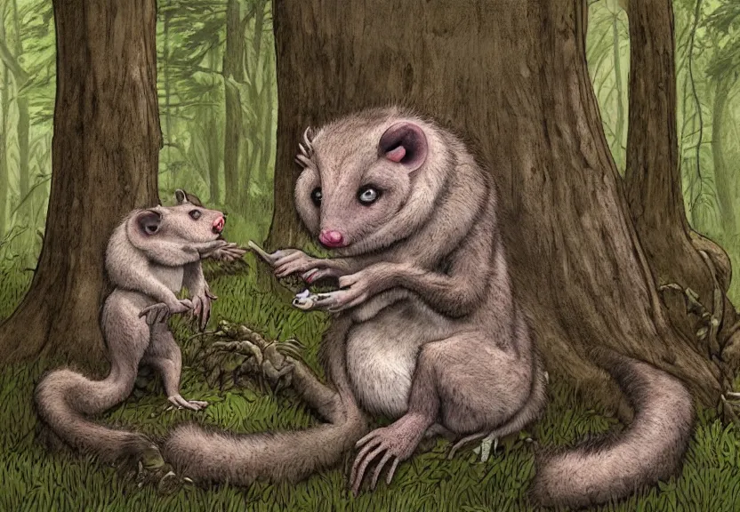 Image similar to possum monster hidden in the forest, colorized, highly detailed, 4k, trending on Artstation, award-winning, art by Maurice Sendak