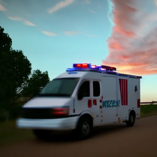 Prompt: mozzarella stick stealing a ambulance, sunset, 4 k photo, cinematic lighting,