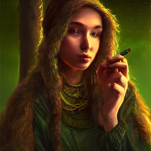 Image similar to portrait of a young female druid smoking pipeweed, D&D, moonlight, realistic, cinematic lighting, fantasy digital painting