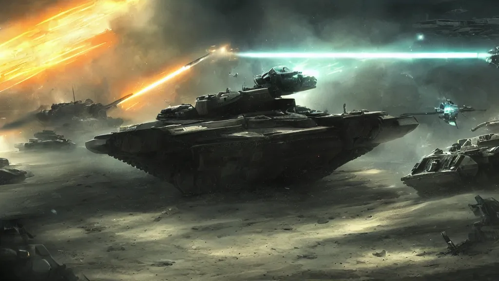 Image similar to a futuristic tank battle, cybernetic, lasers, dark future, hellscape, digital art, trending on artstation