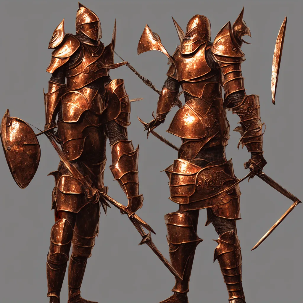 Prompt: of a 3 d rendering realistic illustration of a knight character that has a helmet that is made of copper and gold, beautiful sculpted details, cinematic lighting, this knight is a war lord who roamed the fields in many battles, there is a faint red aura to him displaying a lot of power, volumetric lighting