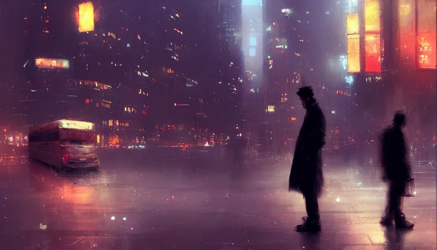 Prompt: a lonely man standing near a bus stop in a big city at night by craig mullins and ruan jia, atmospheric, vivid, masterpiece, bokeh