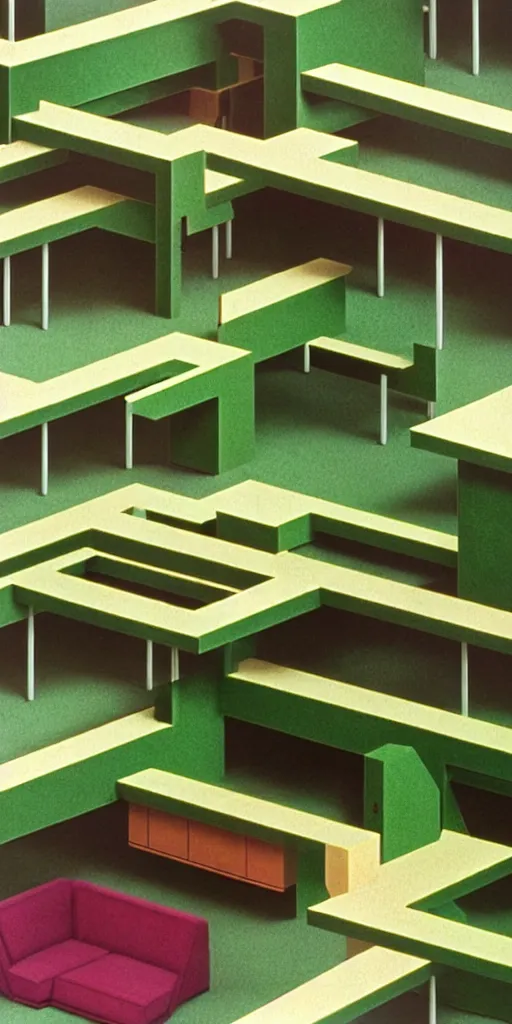 Image similar to huge sprawling gargantuan angular dimension of infinite indoor landscape 7 0 s green velvet and wood with metal office furniture. surrealism, mallsoft, vaporwave. muted colours, 7 0 s office furniture catalogue, shot from above, endless, neverending epic scale by escher and ricardo bofill