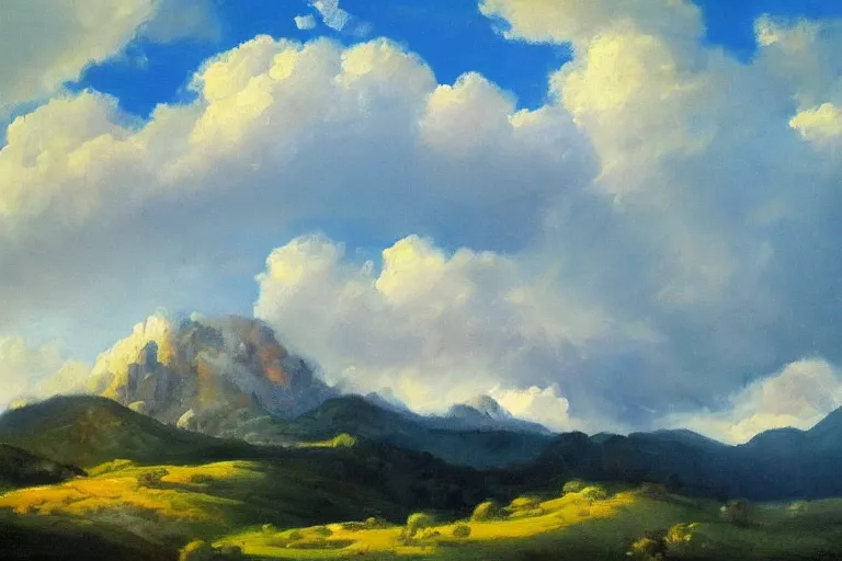 Prompt: a beutiful oil painting of a landscape, dramatic lighting, clouds in the sky, mountains