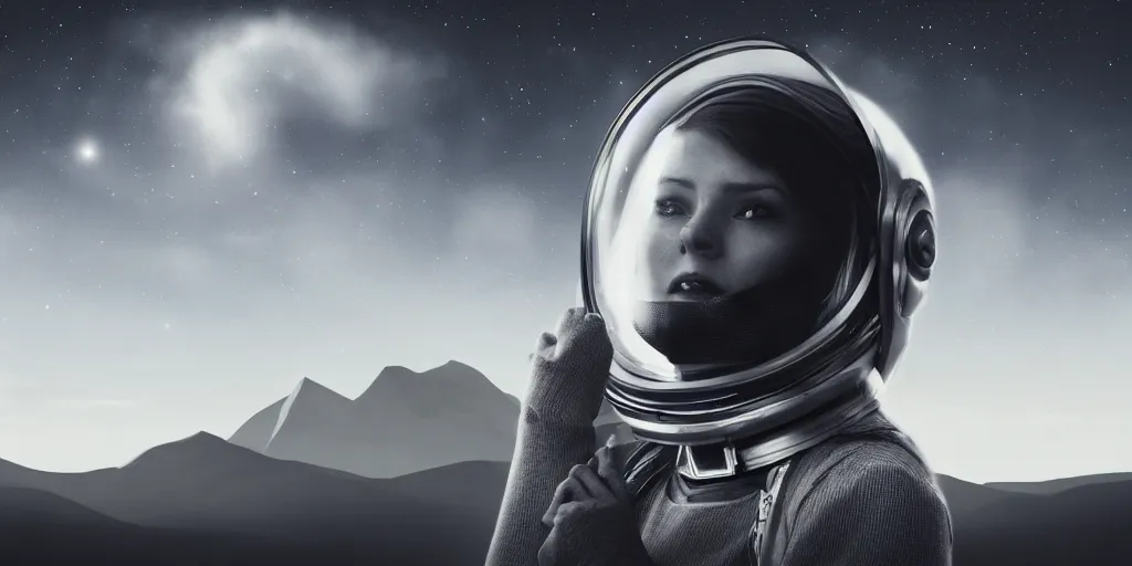 Image similar to portrait of a woman wearing a space helmet, scifi, gigantic mountains visible in the background, big clouds, stars in the sky, 8k, unreal engine, charcoal portrait, drawing