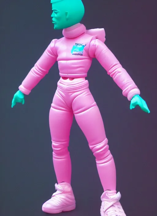 Prompt: accurate detailed pvc inflatable pink & teal colored action figure god, full body, futuristic, concept art, character only, detailed art, adidas streetwear, figurine!!!, studio lighting, grey background, no shadow, trending on artstation, 4 k, sharp, highly - detailed, focus on face!!!