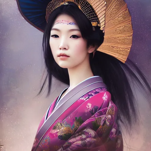 Prompt: a beautiful female photo, japanese geisha. professionally retouched, soft lighting, wearing armour, realistic, smooth face, perfect eyes, wide angle, sharp focus on eyes, 8 k high definition, insanely detailed, intricate, elegant, art by artgerm and wlop