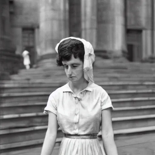 Image similar to photo of a woman in a dress by vivian maier. professional photography.