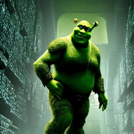 Image similar to film still of Shrek in The Matrix, full-shot, 4k