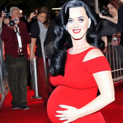 Prompt: Pregnant Katy Perry in a red dress at a movie premiere, paparazzi photograph