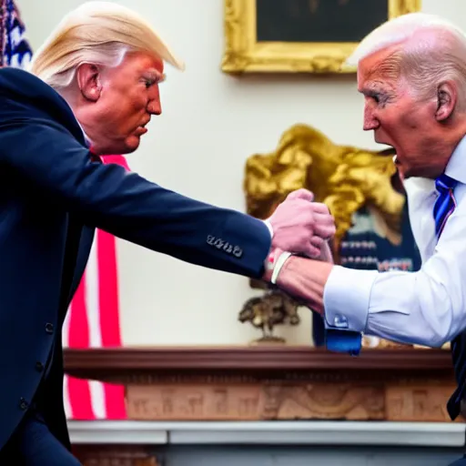 Prompt: 8k, dslr enhanced photo of Donald Trump punching Joe Biden