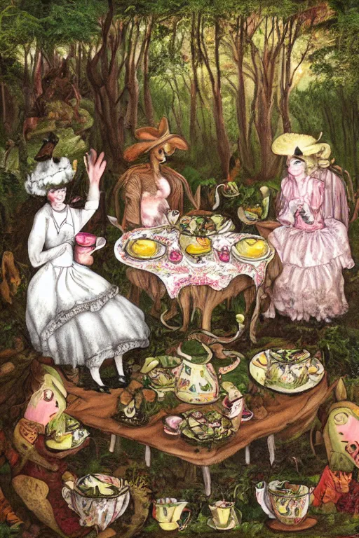 Prompt: The forest dwellers at a tea party