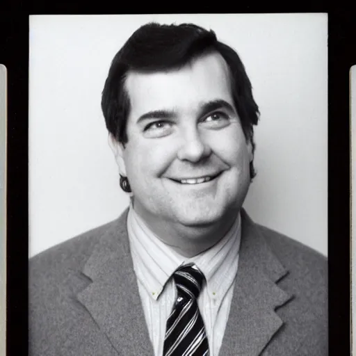 Image similar to clean - shaven portly white man with neatly styled black hair in his 4 0 s is wearing a dress shirt sweater - vest trouser dress shoes. his is standing in front of a mirror, taking a photo of himself. faded polaroid from 1 9 8 5