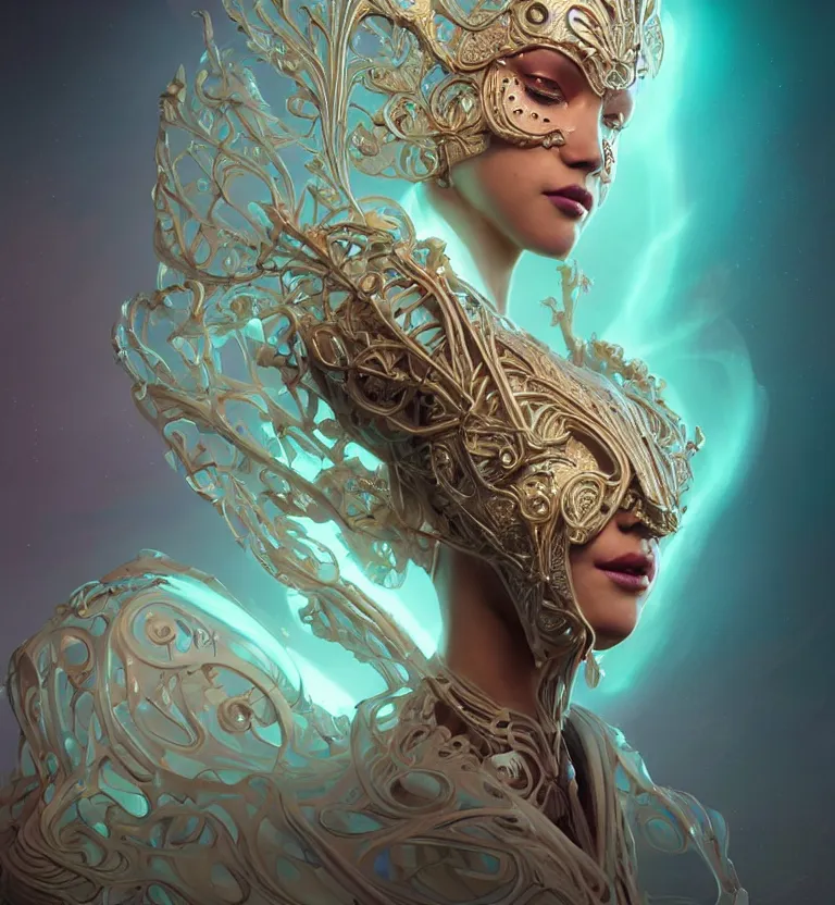 Prompt: iridescent portrait of a beautiful princess in robe. biomechanical mask. bio luminescent biomechanical halo around head. artwork by jarold Sng by artgerm, by Eddie Mendoza, by Peter mohrbacher by tooth wu, unreal engine, octane render, cinematic light, high details, iridescent colors, dichroic, macro, 4l