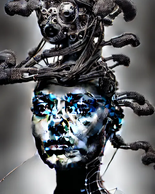 Image similar to black and white cyborg-plant goddess high quality fashion portrait, artificial intelligence, bio-mechanical bio-luminescence, artificial spider web, neurons, nerve cells, octane render, cinematic, hyper realism, photo-realistic, high detail, 8k, in the style of Steven Meisel and Dora Maar and H.G. Giger