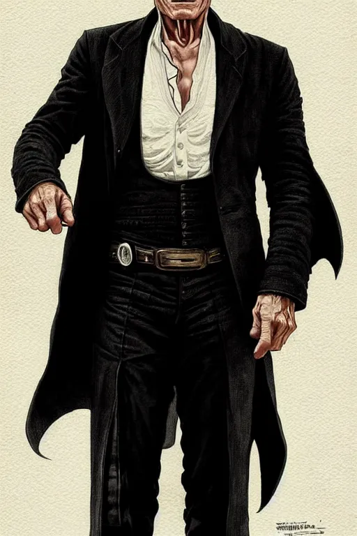 Image similar to ed harris as the man in black, westworld, wearing an all white outfit in the style of art by artgerm and greg rutkowski and alphonse mucha