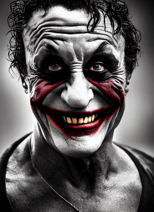 Prompt: photo of Sylvester Stallone as the Joker by Lee Jeffries , big smile, head shot, detailed, award winning, Sony a7R