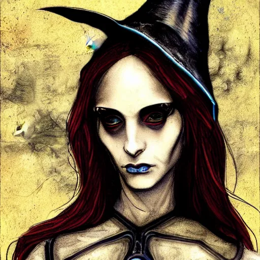 Prompt: a cyberpunk witch painted by leonardo da vinci, tim burton, digital art