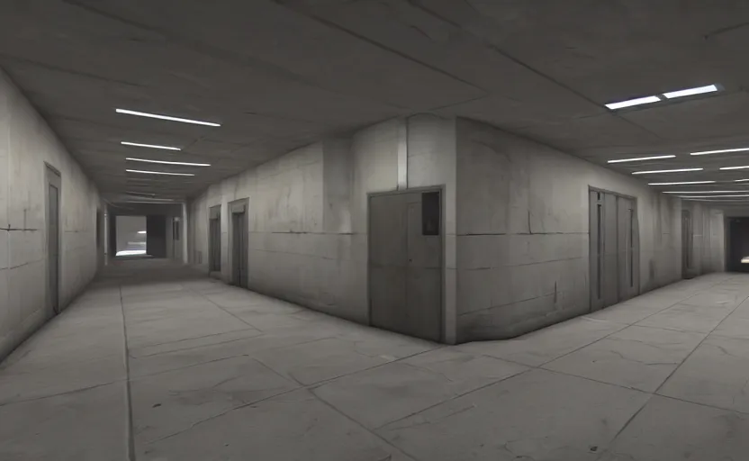 Prompt: in - game screenshot of a first person shooter on unreal engine 5, narrow modern hallways of a secret government facility, white dry wall, photorealistic, retrofuturism