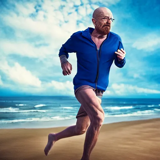 Prompt: Walter White running on the beach, artistic, 8k, cinematic, accurate, symetric, face, dramatic lighting, pastel colours, hdr