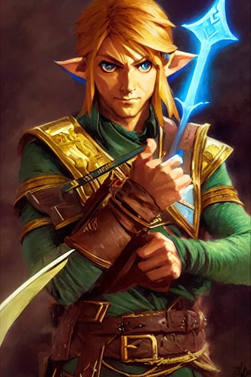 Prompt: link from zelda as a magic the gathering card portrait dnd, painting by gaston bussiere, craig mullins, greg rutkowski, yoji shinkawa