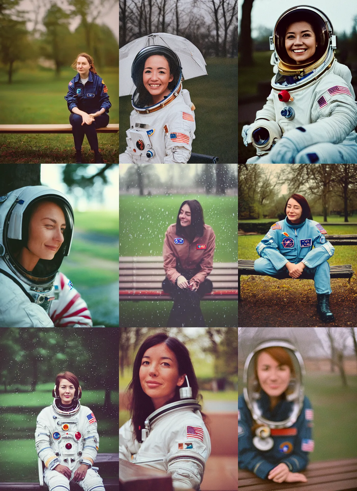 Prompt: medium format film portrait close up of a female astronaut sitting on a bench in the park on a rainy day, hasselblad film bokeh, unsplash, soft light photographed on colour expired film
