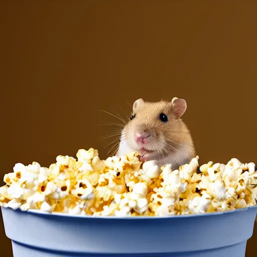 Prompt: photo of a hamster, swimming inside a bucket of popcorn, various poses, unedited, soft light, sharp focus, 8 k