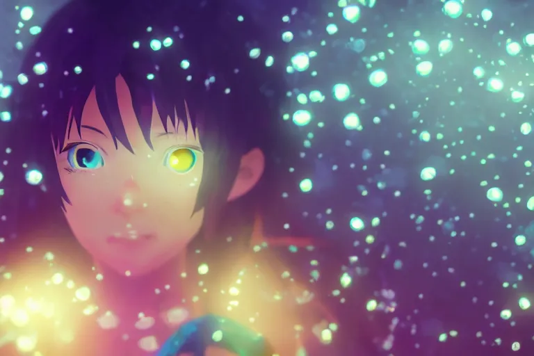 Prompt: double exposure anime girl underwater reef sparkling bokeh, in the style of makoto shinkai and leiji matsumoto