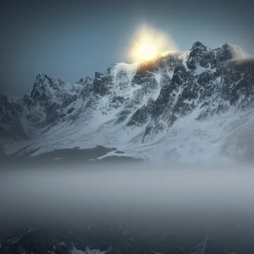 Prompt: tall snowy mountain, realistic, detailed, fog, award winning photo, sunset, 8 k